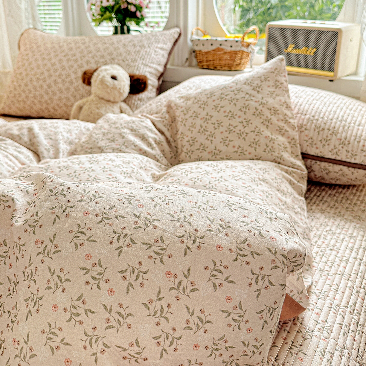 91家纺网 家纺一手货源 找家纺 文黛家居 2026新款全棉双层纱床盖四件套 叶柳