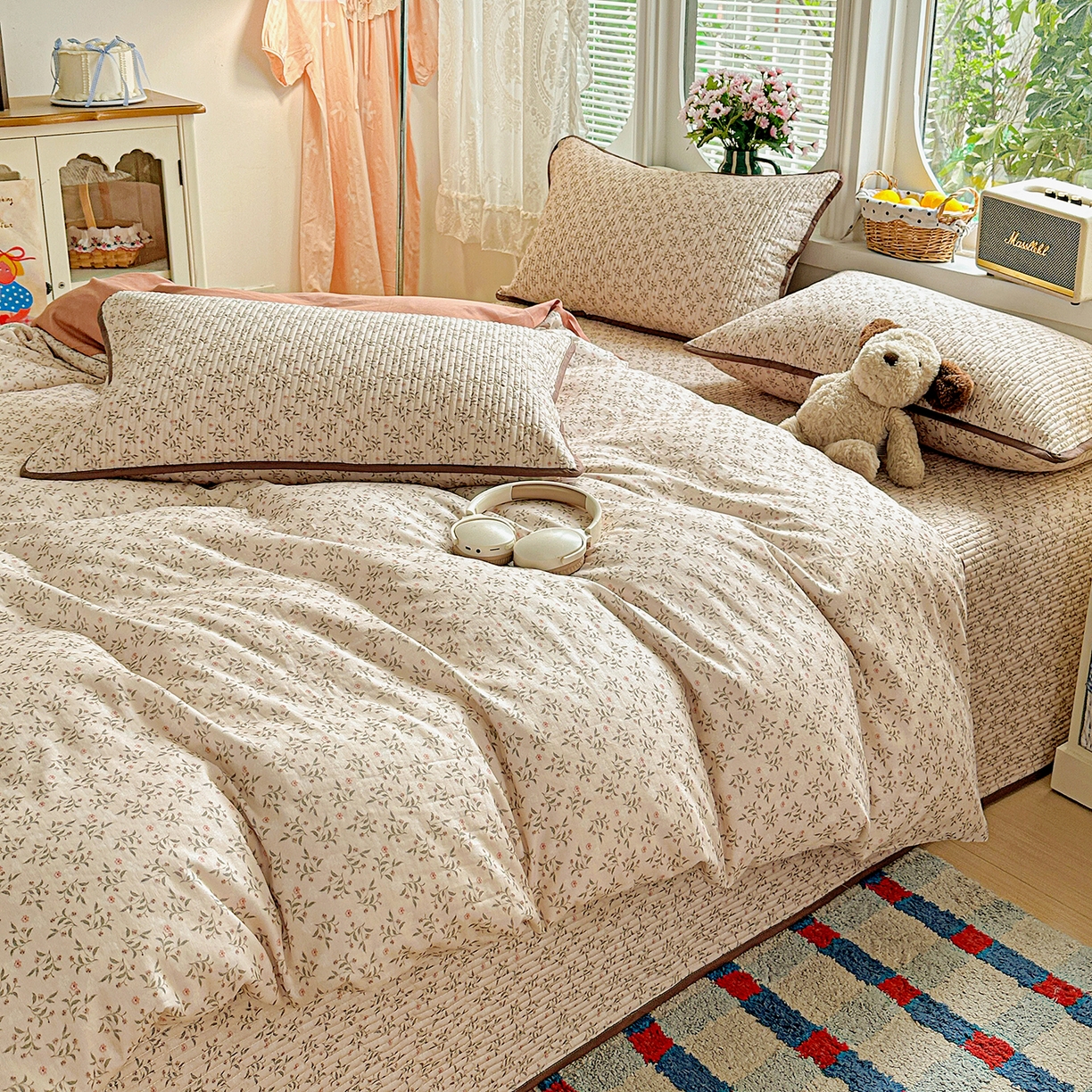 91家纺网 家纺一手货源 找家纺 文黛家居 2026新款全棉双层纱床盖四件套 叶柳