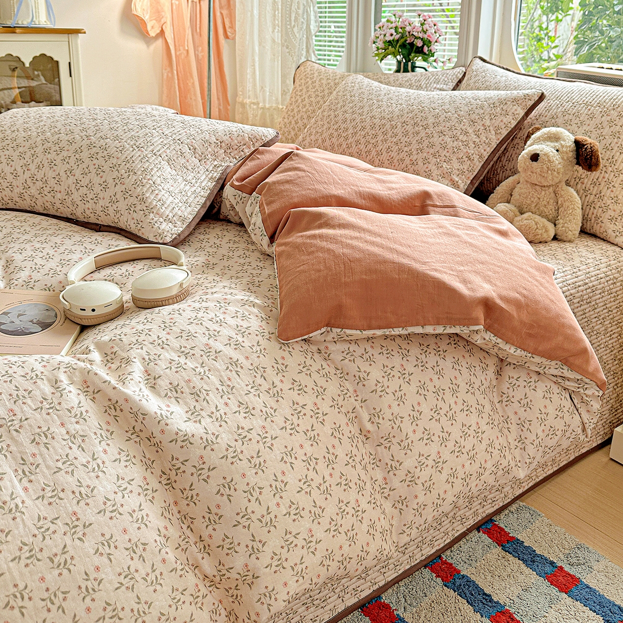 91家纺网 家纺一手货源 找家纺 文黛家居 2026新款全棉双层纱床盖四件套 叶柳