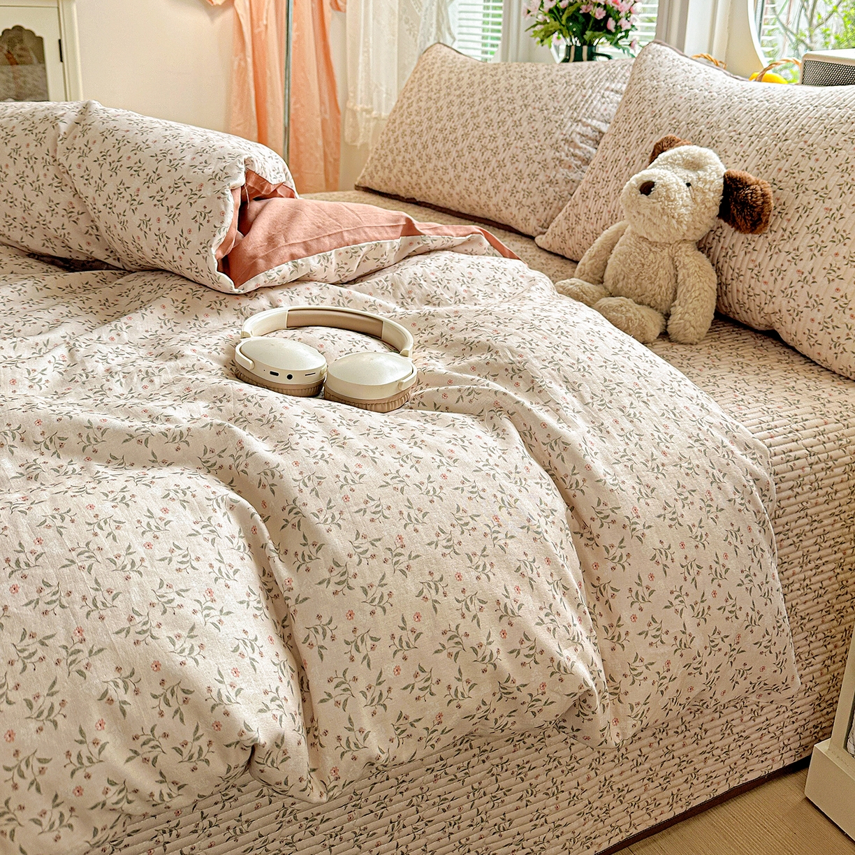 91家纺网 家纺一手货源 找家纺 文黛家居 2026新款全棉双层纱床盖四件套 叶柳