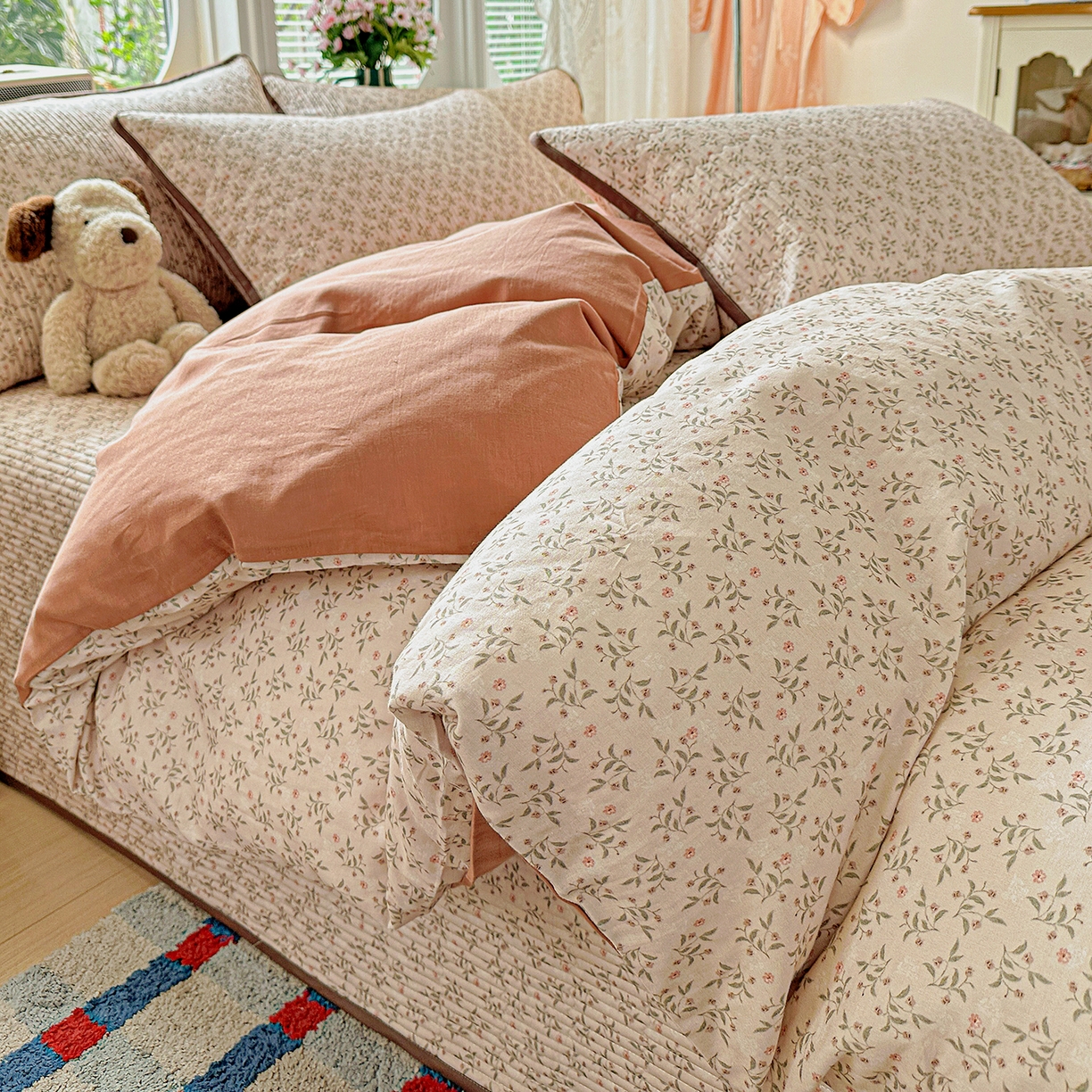 91家纺网 家纺一手货源 找家纺 文黛家居 2026新款全棉双层纱床盖四件套 叶柳