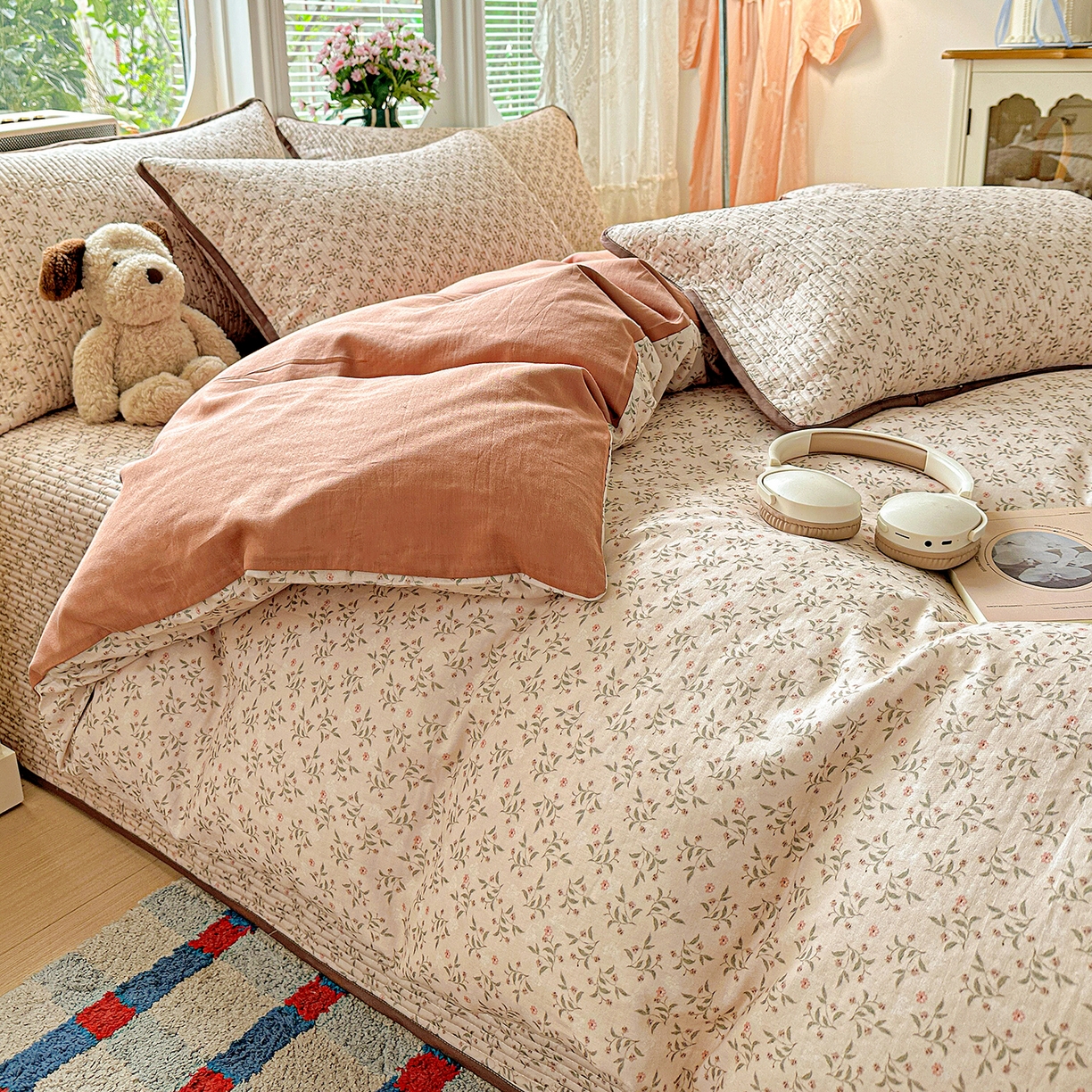 91家纺网 家纺一手货源 找家纺 文黛家居 2026新款全棉双层纱床盖四件套 叶柳