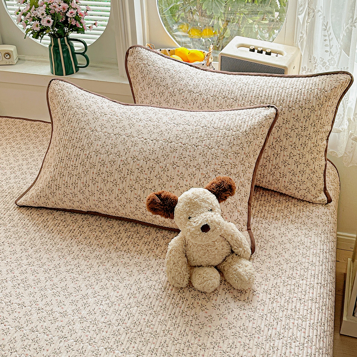 91家纺网 家纺一手货源 找家纺 文黛家居 2026新款全棉双层纱床盖四件套 叶柳