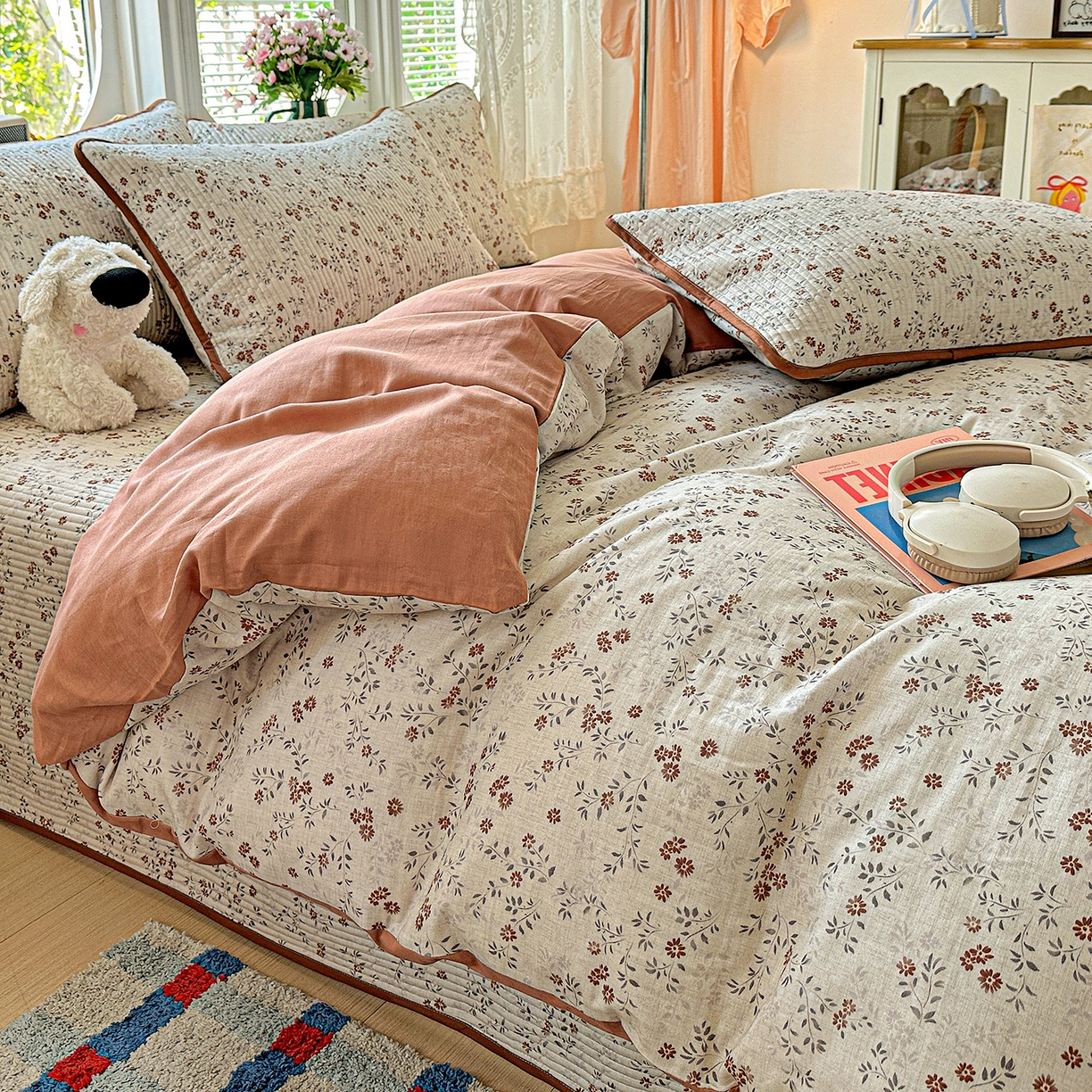 91家纺网 家纺一手货源 找家纺 文黛家居 2026新款全棉双层纱床盖四件套 影枝章-灰