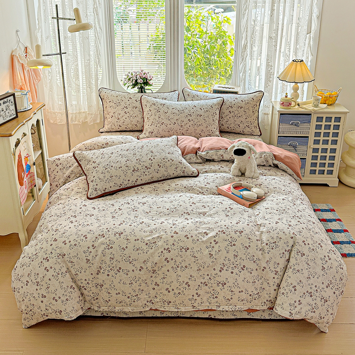 91家纺网 家纺一手货源 找家纺 文黛家居 2026新款全棉双层纱床盖四件套 影枝章-灰