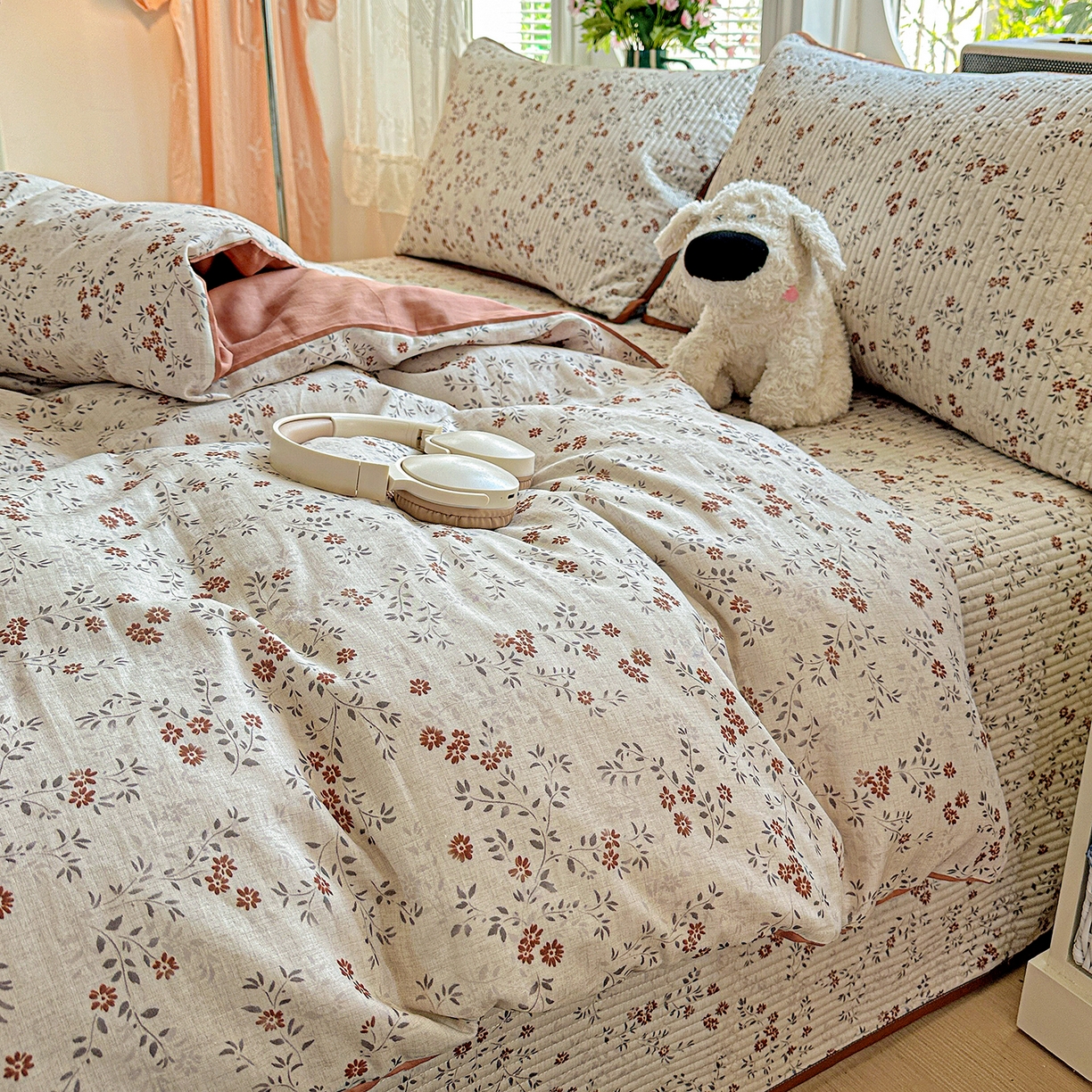 91家纺网 家纺一手货源 找家纺 文黛家居 2026新款全棉双层纱床盖四件套 影枝章-灰