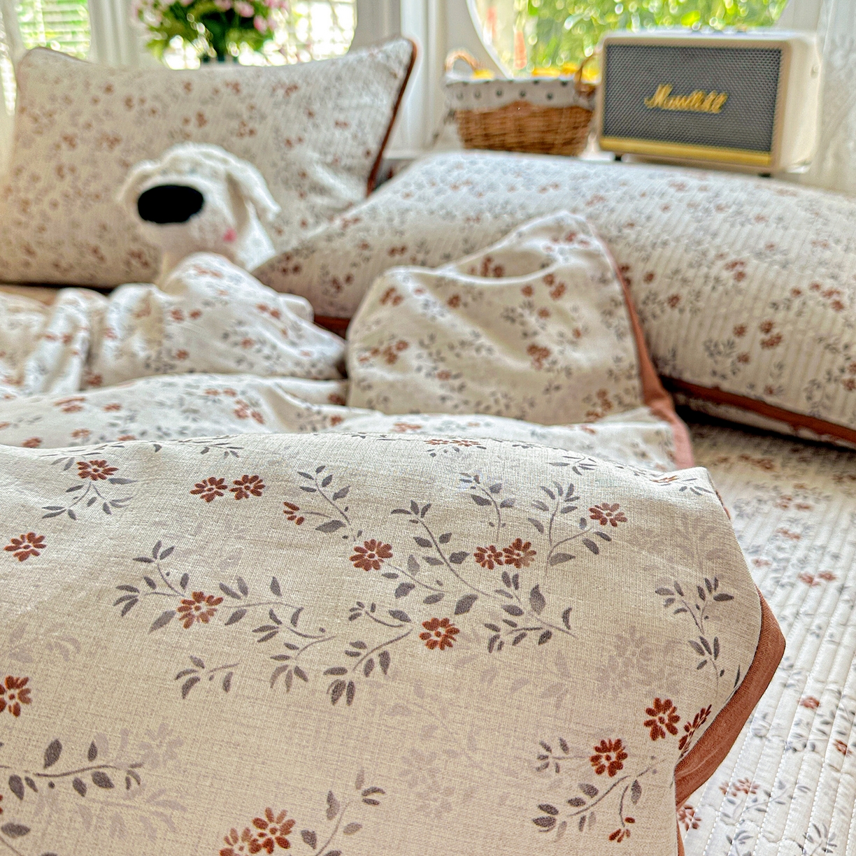 91家纺网 家纺一手货源 找家纺 文黛家居 2026新款全棉双层纱床盖四件套 影枝章-灰