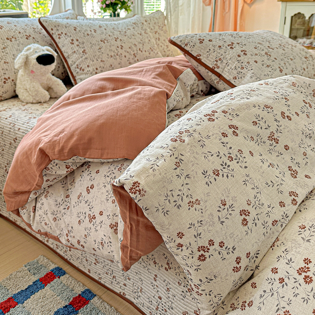 91家纺网 家纺一手货源 找家纺 文黛家居 2026新款全棉双层纱床盖四件套 影枝章-灰