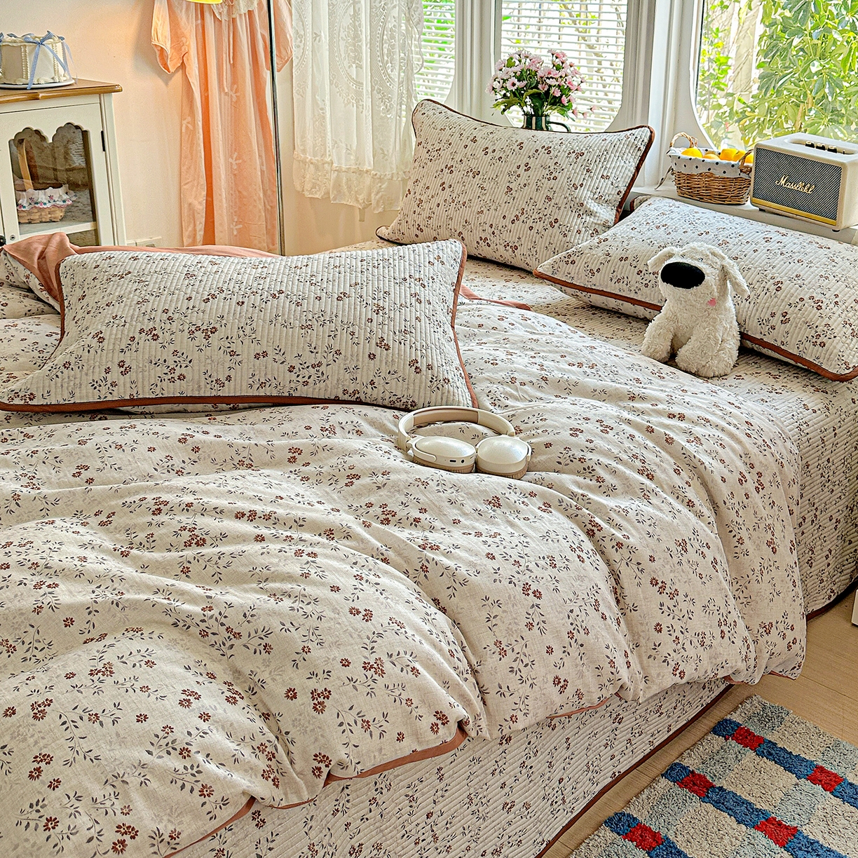 91家纺网 家纺一手货源 找家纺 文黛家居 2026新款全棉双层纱床盖四件套 影枝章-灰