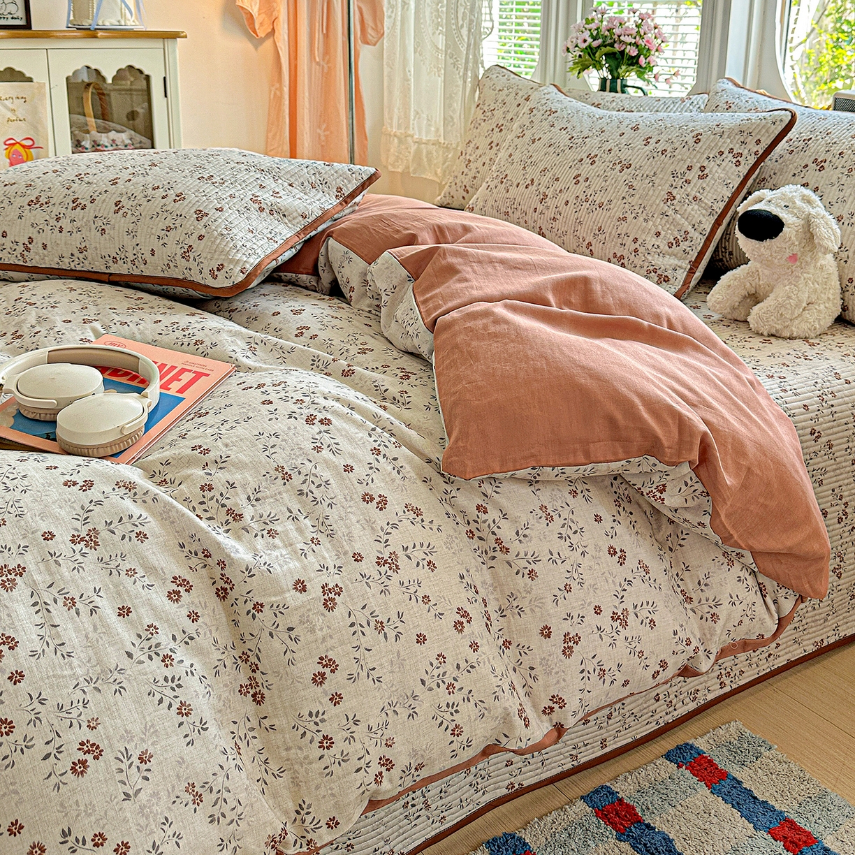 91家纺网 家纺一手货源 找家纺 文黛家居 2026新款全棉双层纱床盖四件套 影枝章-灰