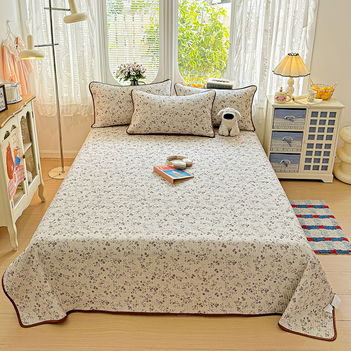 91家纺网 家纺一手货源 找家纺 文黛家居 2026新款全棉双层纱床盖四件套 影枝章-灰