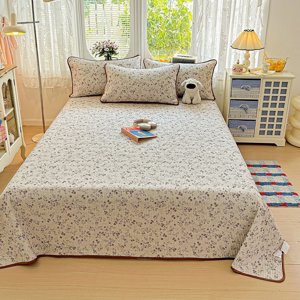 91家纺网 家纺一手货源 找家纺 文黛家居 2026新款全棉双层纱床盖四件套 影枝章-灰