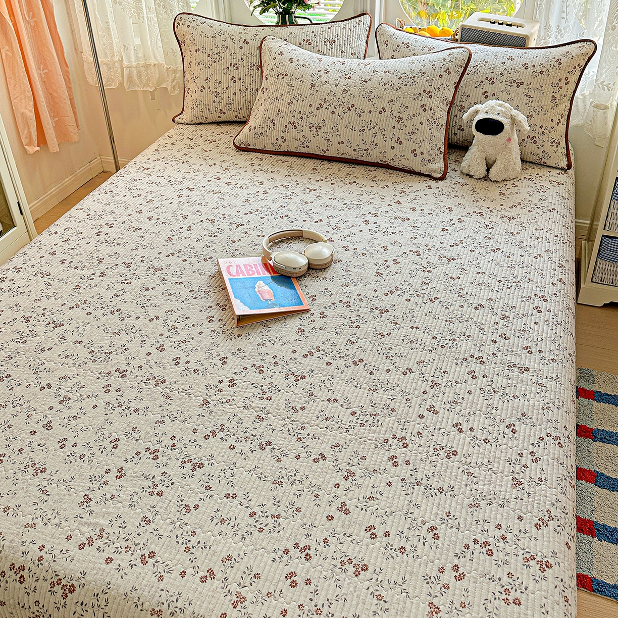 91家纺网 家纺一手货源 找家纺 文黛家居 2026新款全棉双层纱床盖四件套 影枝章-灰