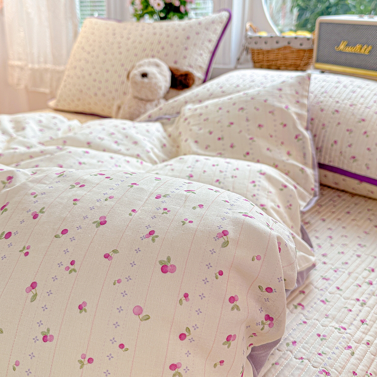 91家纺网 家纺一手货源 找家纺 文黛家居 2026新款全棉双层纱床盖四件套 紫樱桃