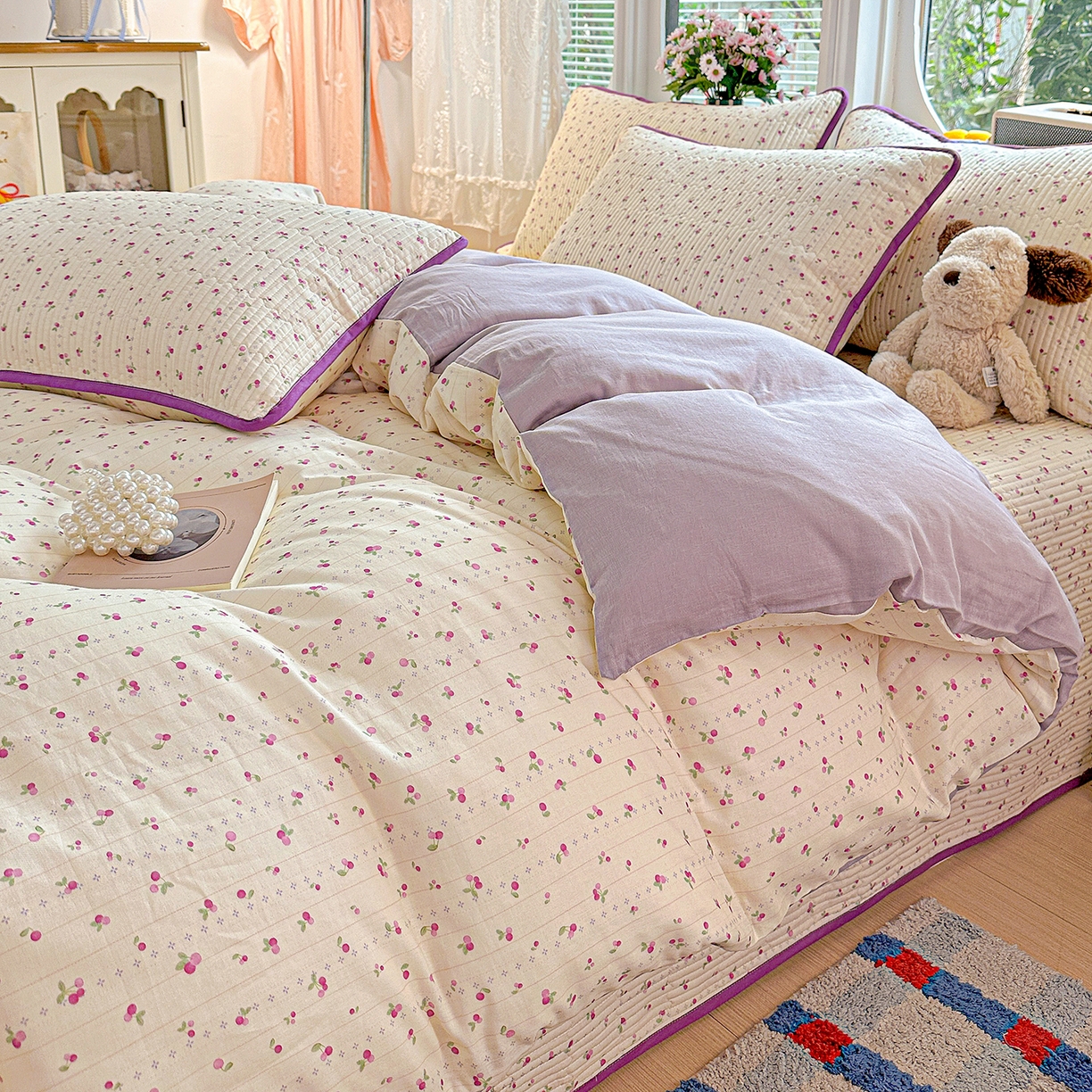 91家纺网 家纺一手货源 找家纺 文黛家居 2026新款全棉双层纱床盖四件套 紫樱桃