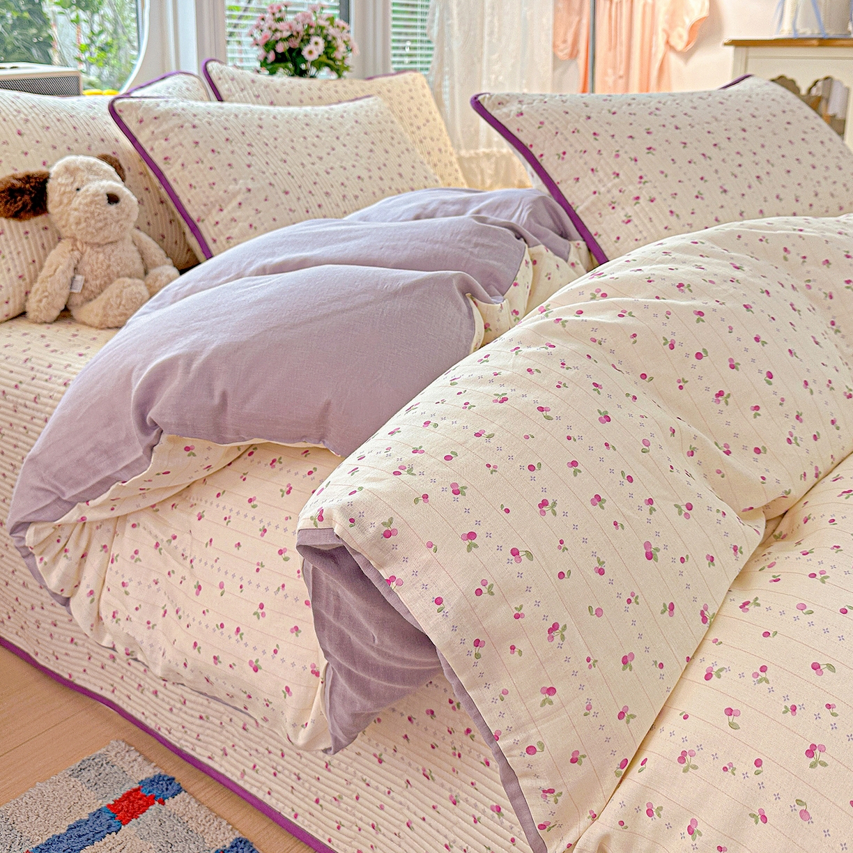 91家纺网 家纺一手货源 找家纺 文黛家居 2026新款全棉双层纱床盖四件套 紫樱桃