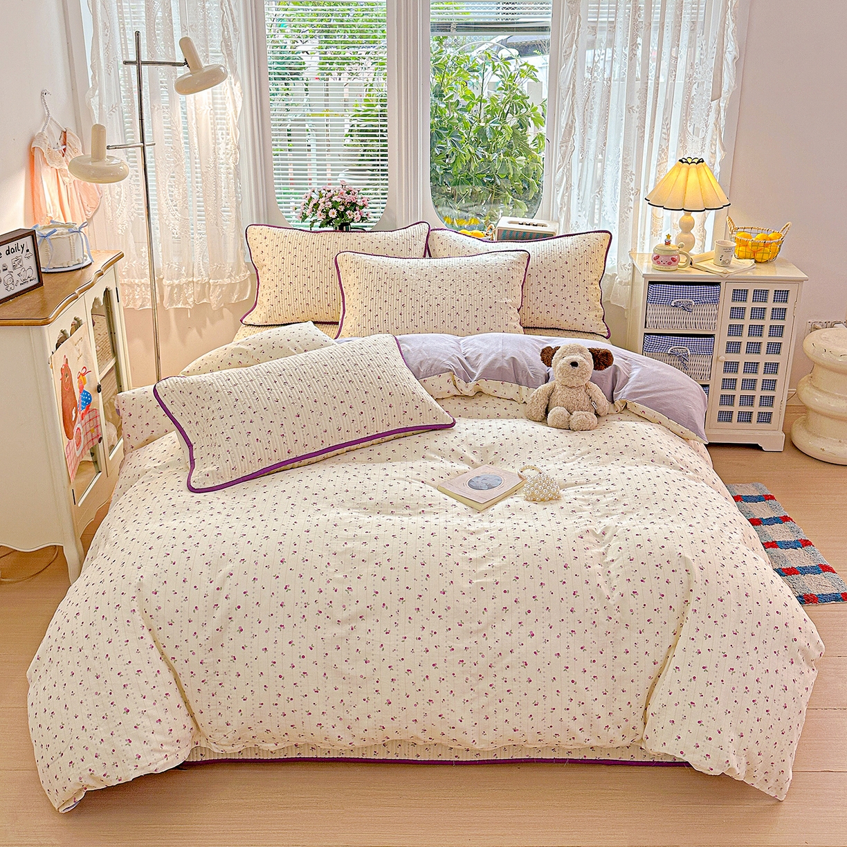 91家纺网 家纺一手货源 找家纺 文黛家居 2026新款全棉双层纱床盖四件套 紫樱桃