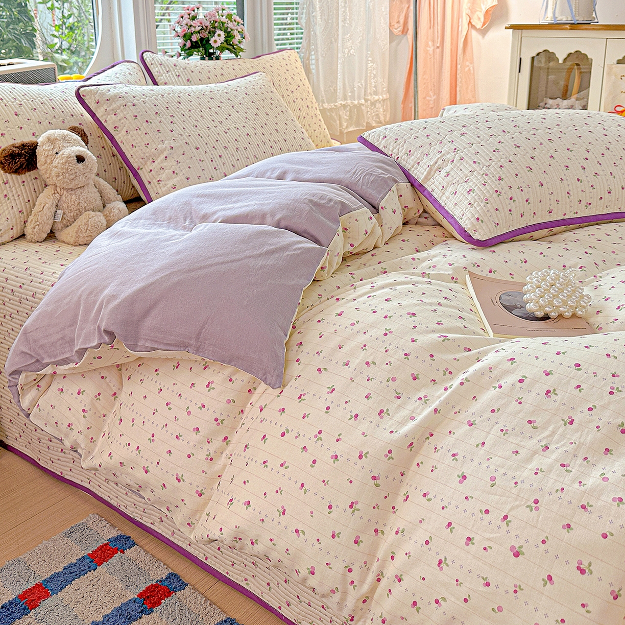 91家纺网 家纺一手货源 找家纺 文黛家居 2026新款全棉双层纱床盖四件套 紫樱桃