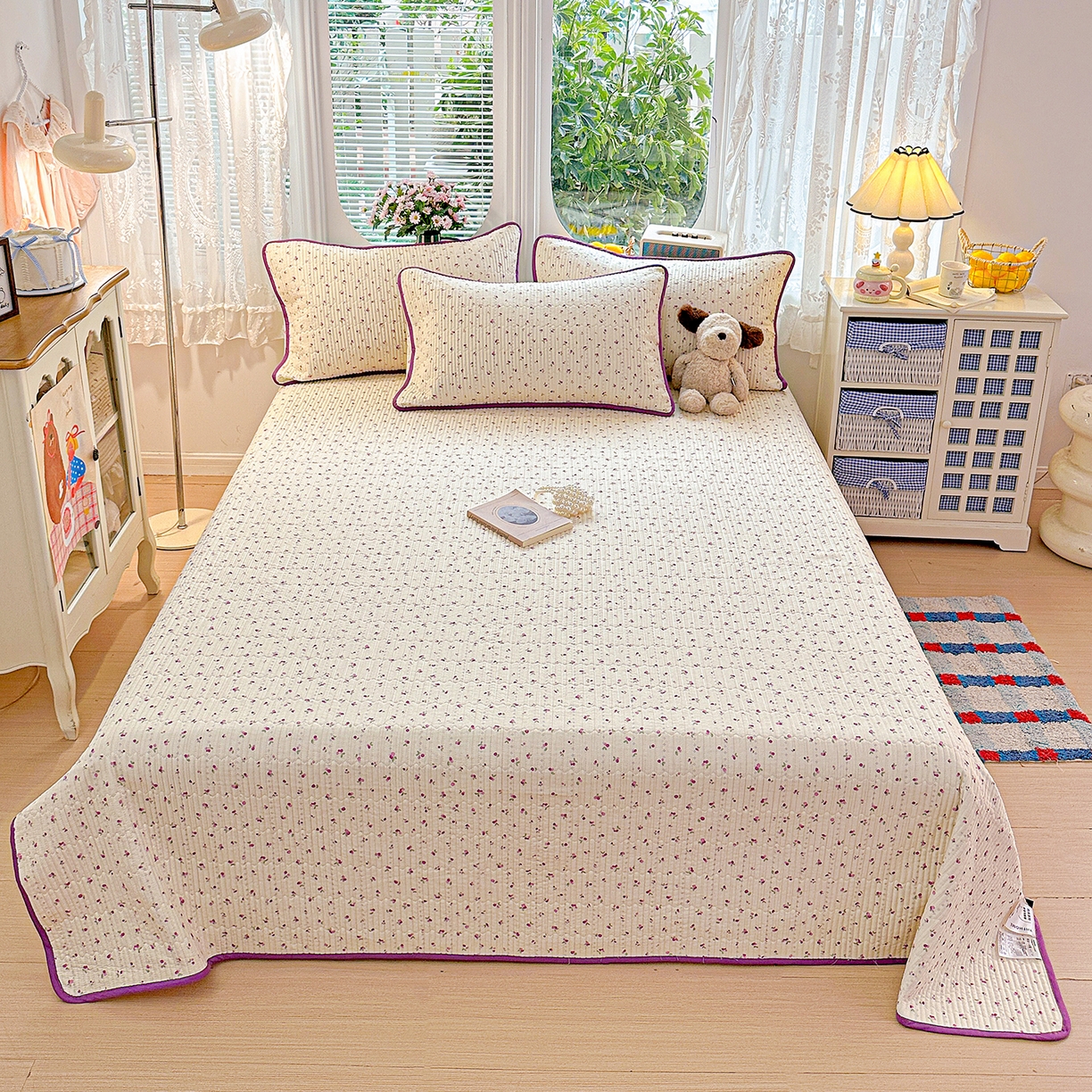 91家纺网 家纺一手货源 找家纺 文黛家居 2026新款全棉双层纱床盖四件套 紫樱桃