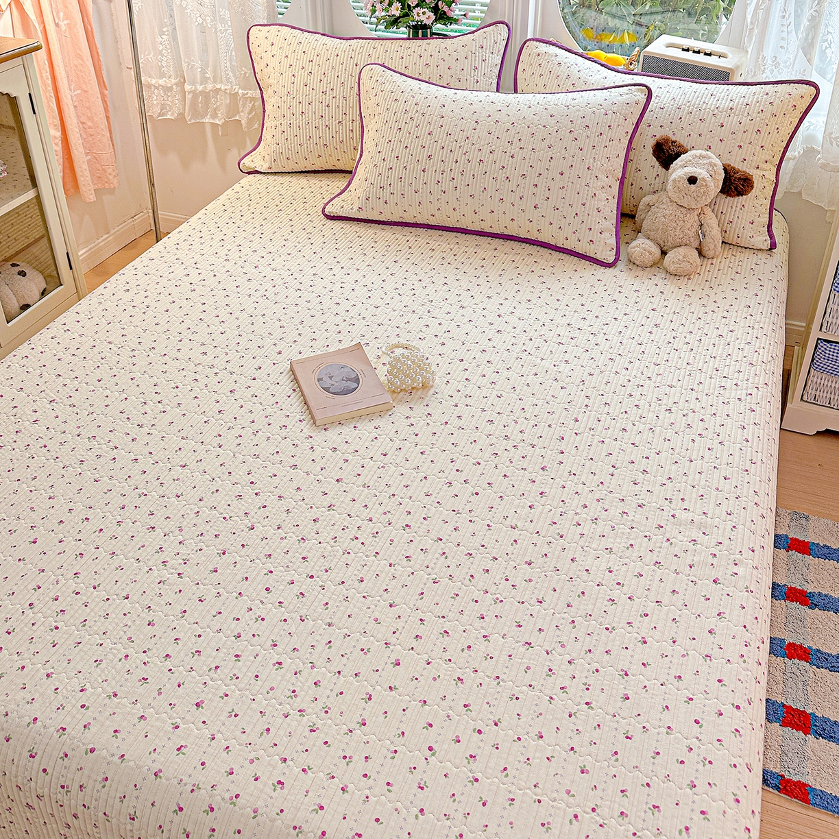 91家纺网 家纺一手货源 找家纺 文黛家居 2026新款全棉双层纱床盖四件套 紫樱桃