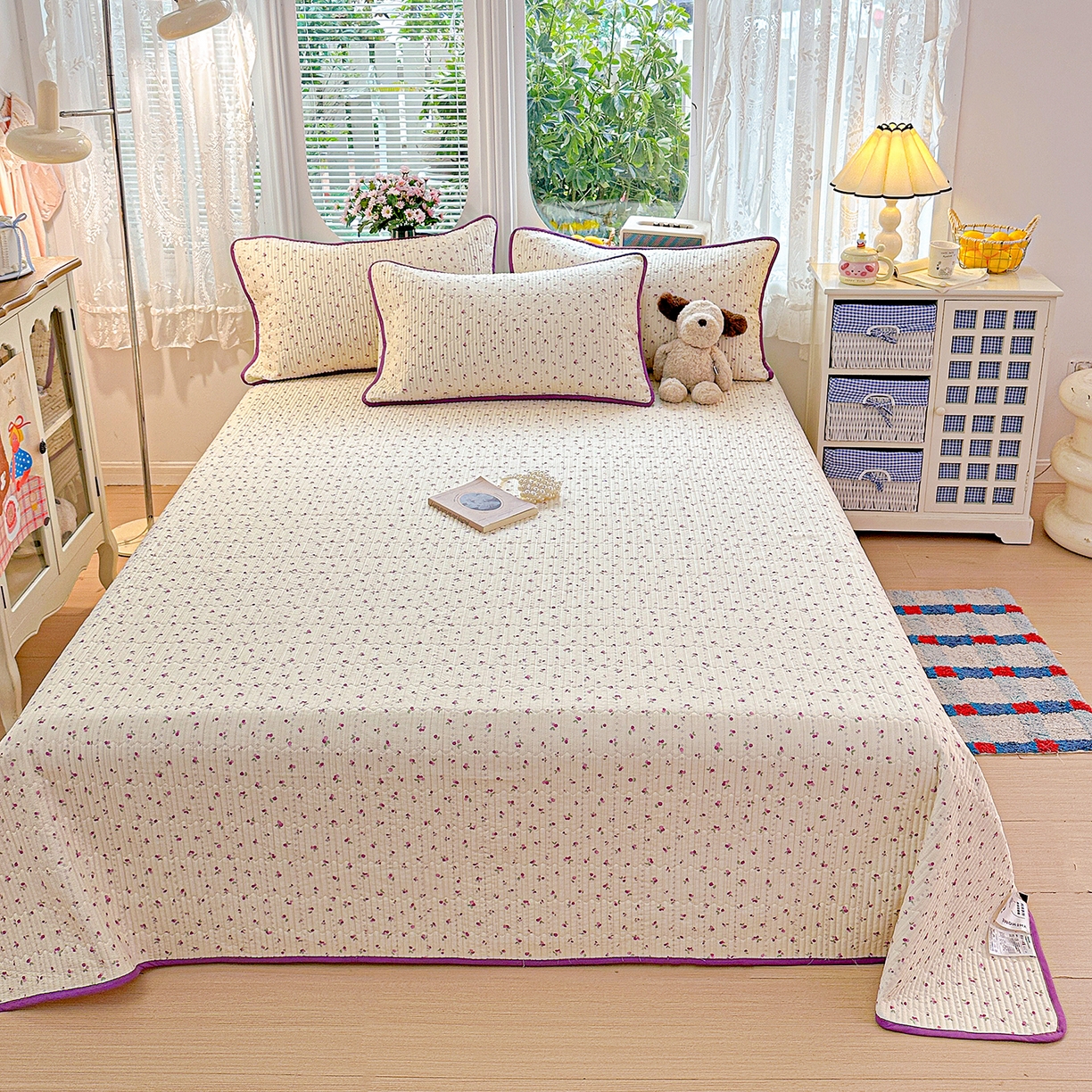 91家纺网 家纺一手货源 找家纺 文黛家居 2026新款全棉双层纱床盖四件套 紫樱桃