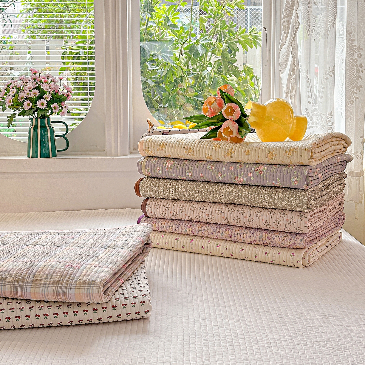 91家纺网 家纺一手货源 找家纺 文黛家居 2026新款全棉双层纱床盖四件套 组合图