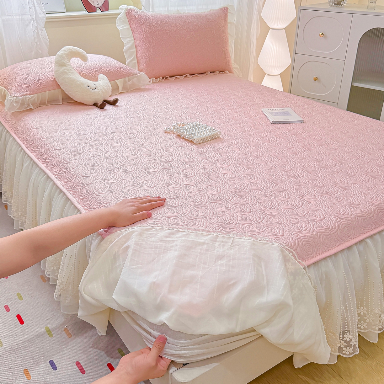 91家纺网 家纺一手货源 找家纺 眠势力 2026新款华夫格花边床笠豆豆凉席款夏季凉感床垫保护套 （提供买家秀） 青春绿