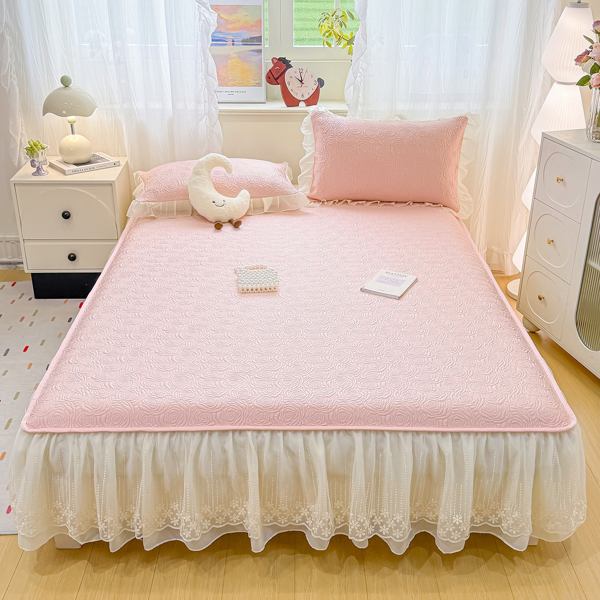 91家纺网 家纺一手货源 找家纺 （总）眠势力 2026新款PE提花冰凉豆豆床裙款床笠凉席子冰丝凉感中分子床裙乙纶床裙床笠二合一