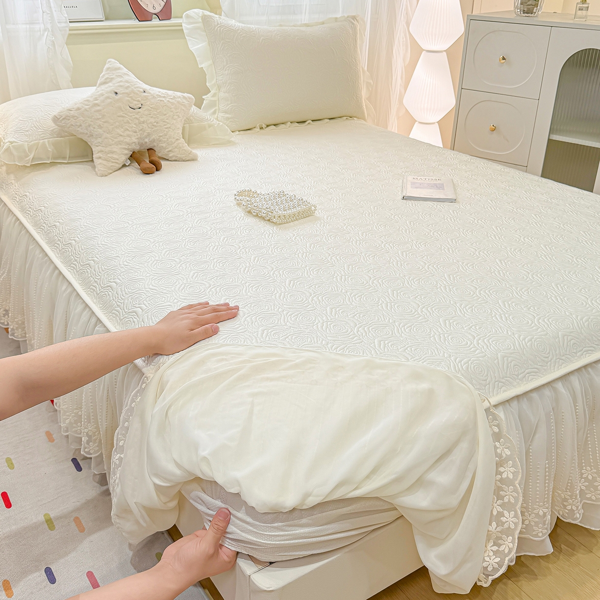 眠势力 2026新款PE提花冰凉豆豆床裙款床笠凉席子冰丝凉感中分子床裙乙纶床裙床笠二合一 晚风-雾米