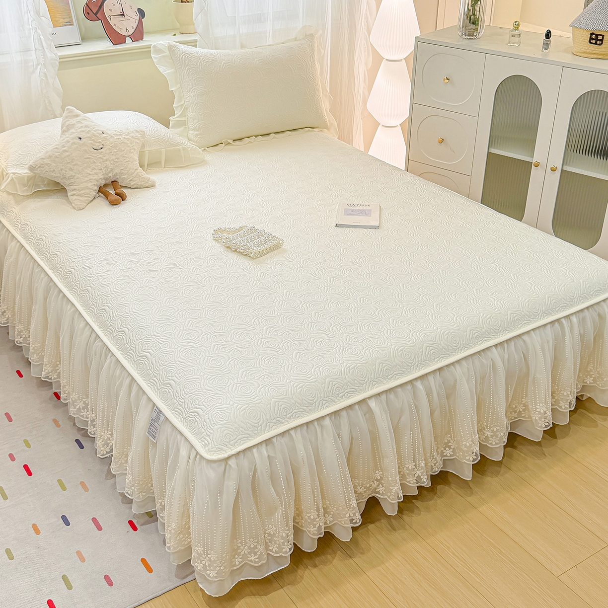 91家纺网 家纺一手货源 找家纺 眠势力 2026新款PE提花冰凉豆豆床裙款床笠凉席子冰丝凉感中分子床裙乙纶床裙床笠二合一 晚风-雾米