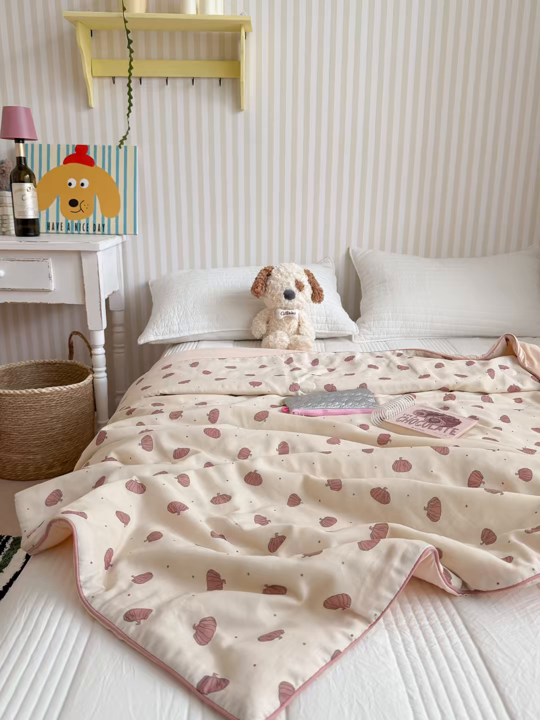 91家纺网 家纺一手货源 找家纺 暖生活 2026新款A类“冰纱”母婴级全棉纯棉双层纱夏被夏凉被空调被（礼盒包装） 粉南瓜