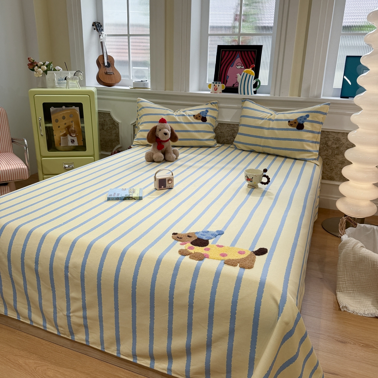 91家纺网 家纺一手货源 找家纺 觅糖家纺 2026新款大版卡通毛巾绣老粗布凉席席子系列 波点腊肠狗