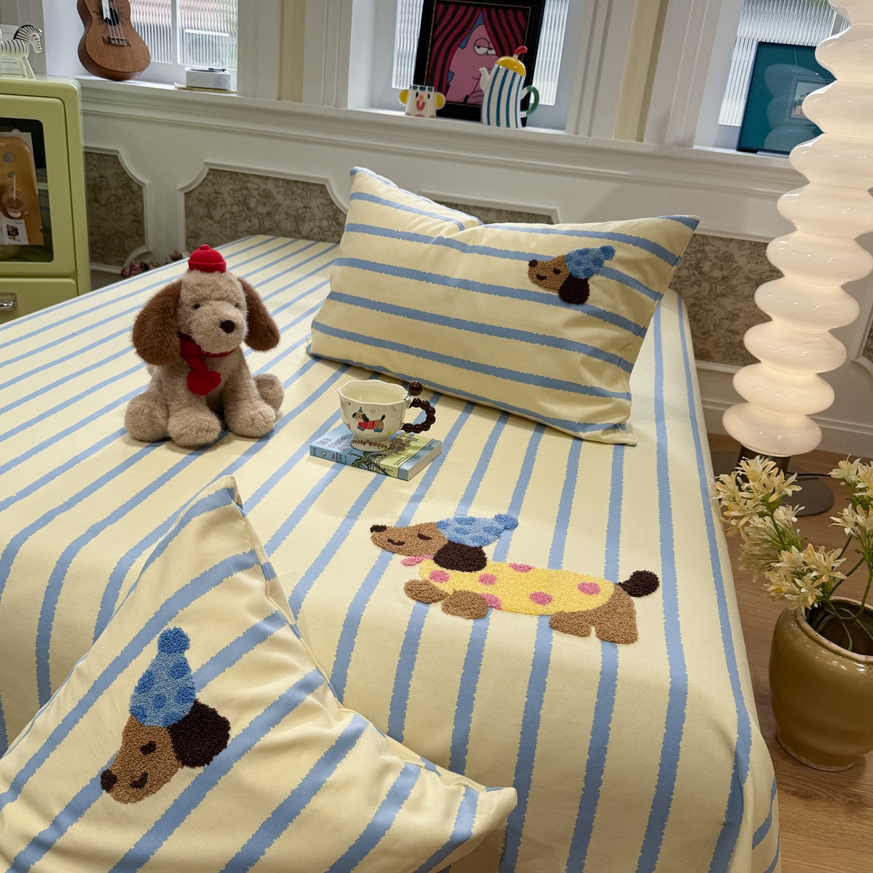 91家纺网 家纺一手货源 找家纺 觅糖家纺 2026新款大版卡通毛巾绣老粗布凉席席子系列 波点腊肠狗