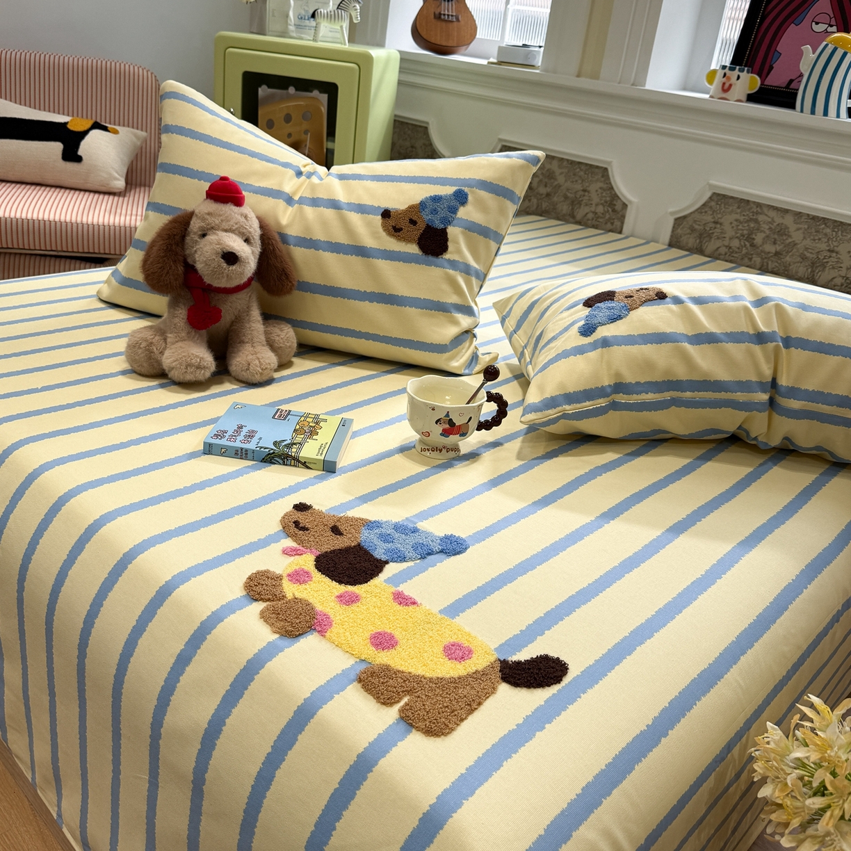 91家纺网 家纺一手货源 找家纺 觅糖家纺 2026新款大版卡通毛巾绣老粗布凉席席子系列 波点腊肠狗