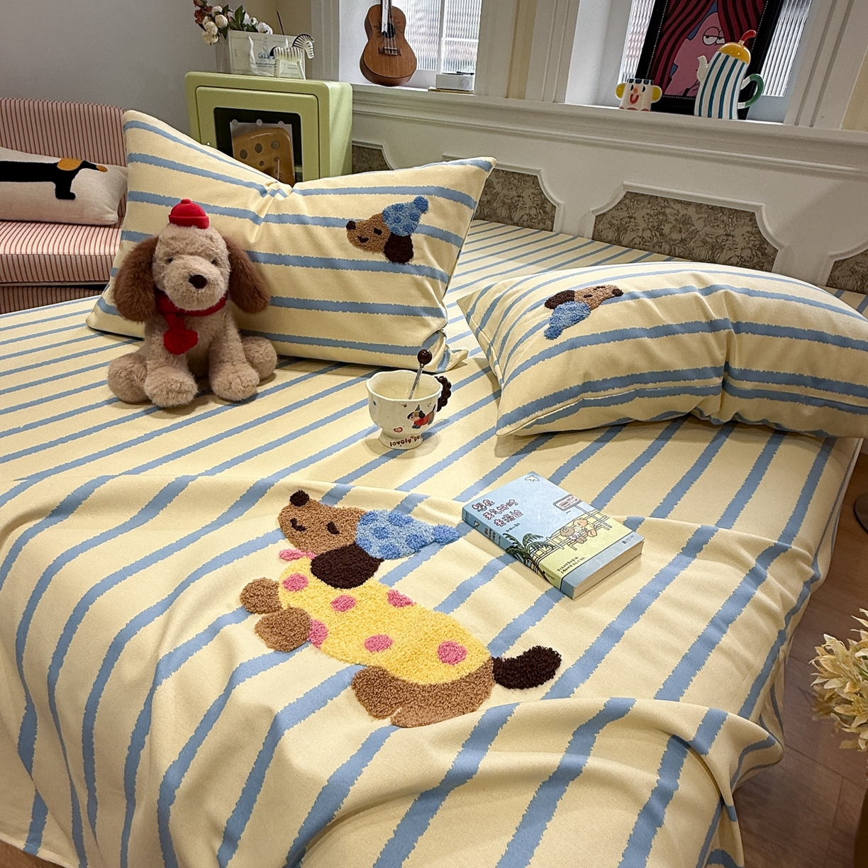 91家纺网 家纺一手货源 找家纺 觅糖家纺 2026新款大版卡通毛巾绣老粗布凉席席子系列 波点腊肠狗