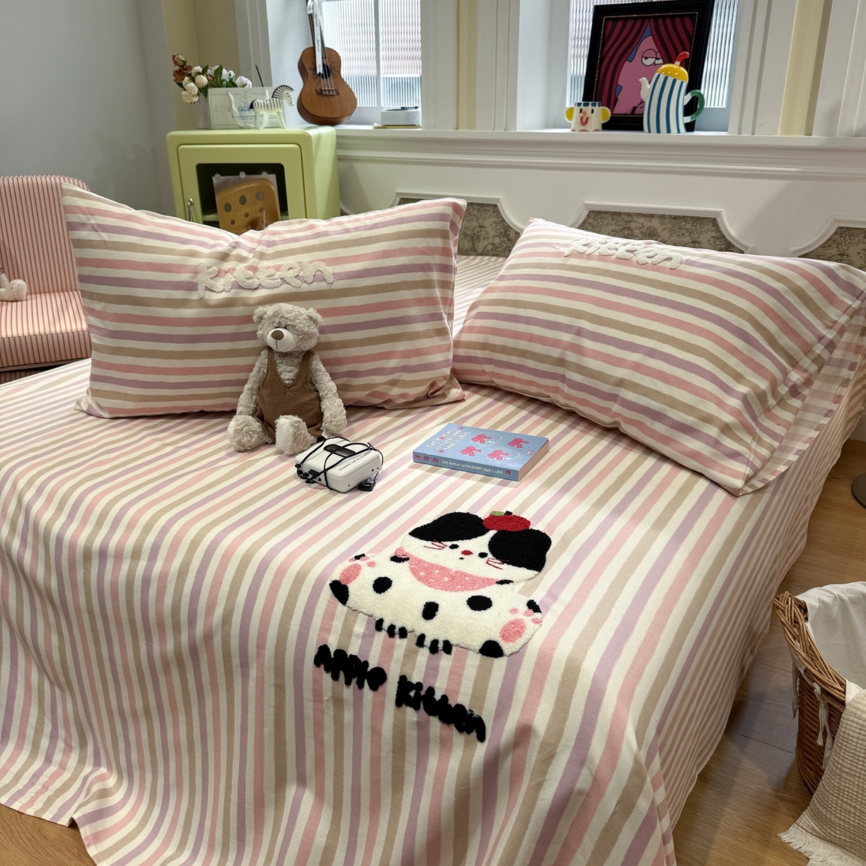 91家纺网 家纺一手货源 找家纺 觅糖家纺 2026新款大版卡通毛巾绣老粗布凉席席子系列 奶牛小猫