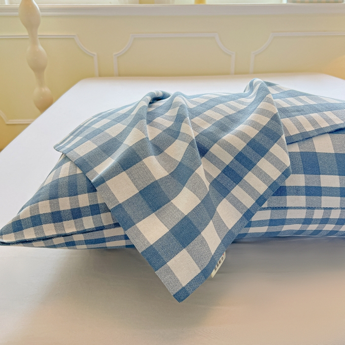 91家纺网 家纺一手货源 找家纺 爱彼家纺 2026新款细沙工艺款亲肤柔软粗布组合系列 蓝小格