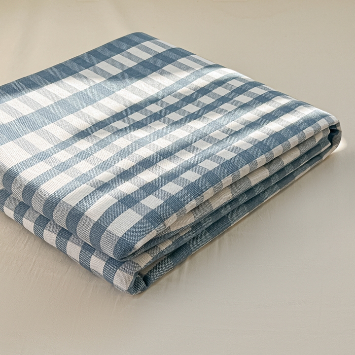 91家纺网 家纺一手货源 找家纺 爱彼家纺 2026新款细沙工艺款亲肤柔软粗布组合系列 蓝小格