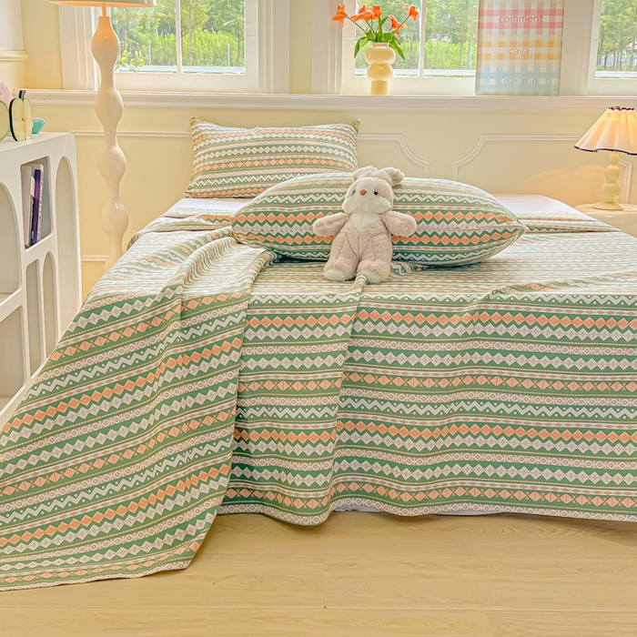 91家纺网 家纺一手货源 找家纺 爱彼家纺 2026新款细沙工艺款亲肤柔软粗布组合系列 向往条绿