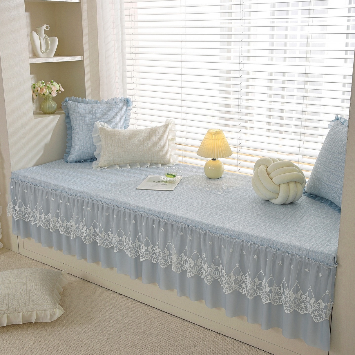 91家纺网 家纺一手货源 找家纺 共鸣沙发垫 2026新款冰豆豆条纹5厘米海绵飘窗垫系列 冰豆条纹蓝色