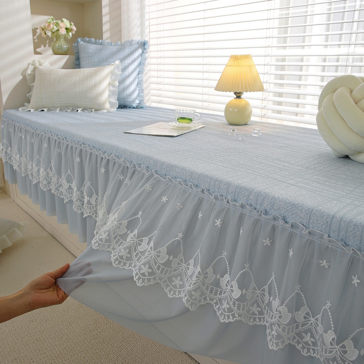 91家纺网 家纺一手货源 找家纺 共鸣沙发垫 2026新款冰豆豆条纹5厘米海绵飘窗垫系列 冰豆条纹蓝色