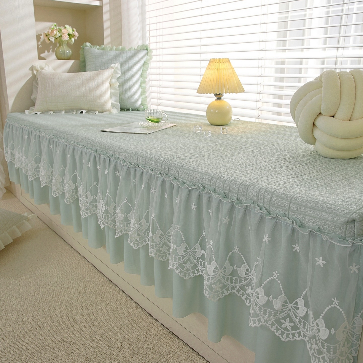 91家纺网 家纺一手货源 找家纺 共鸣沙发垫 2026新款冰豆豆条纹5厘米海绵飘窗垫系列 冰豆条纹绿色