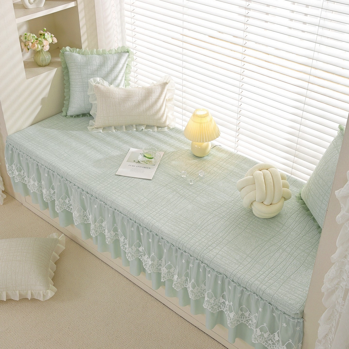 91家纺网 家纺一手货源 找家纺 共鸣沙发垫 2026新款冰豆豆条纹5厘米海绵飘窗垫系列 冰豆条纹绿色