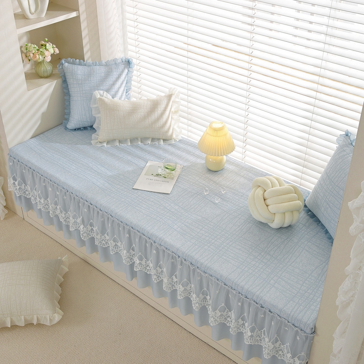 91家纺网 家纺一手货源 找家纺 共鸣沙发垫 2026新款冰豆豆条纹5厘米海绵飘窗垫系列 冰豆条纹蓝色