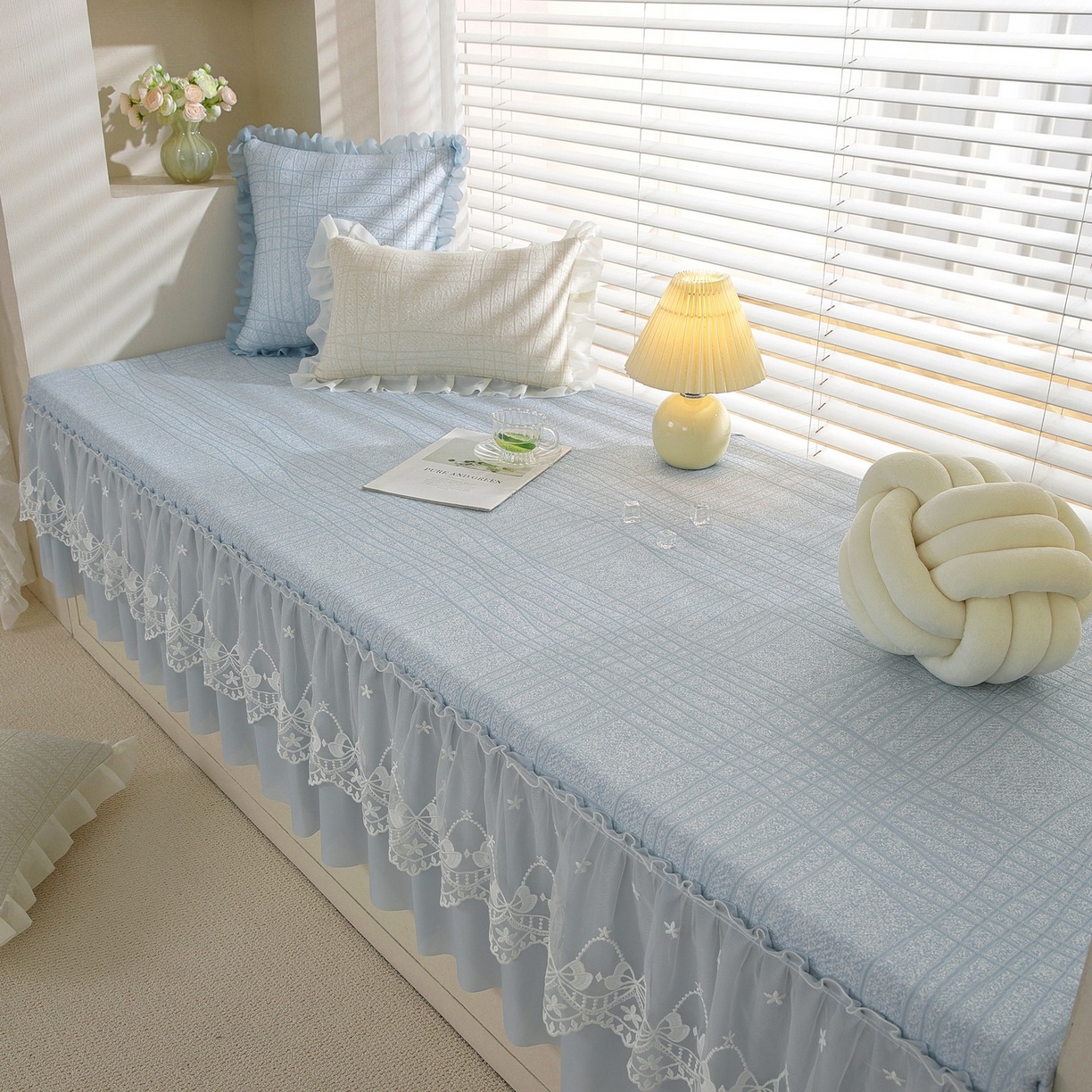 91家纺网 家纺一手货源 找家纺 共鸣沙发垫 2026新款冰豆豆条纹5厘米海绵飘窗垫系列 冰豆条纹蓝色