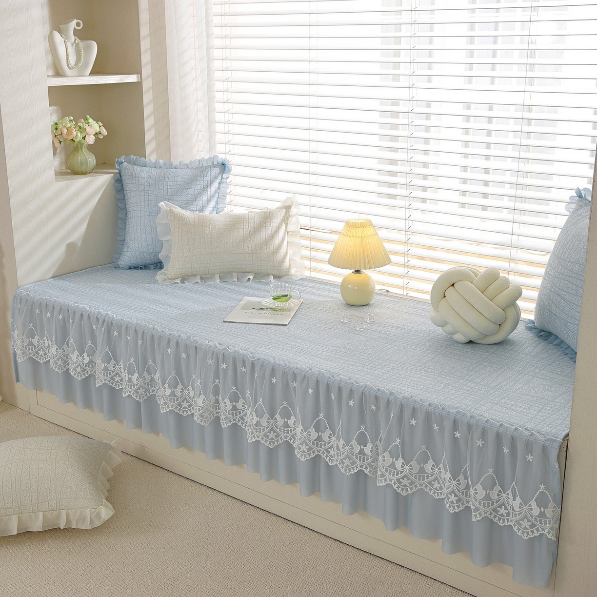 91家纺网 家纺一手货源 找家纺 共鸣沙发垫 2026新款冰豆条纹飘窗垫系列 冰豆条纹蓝色