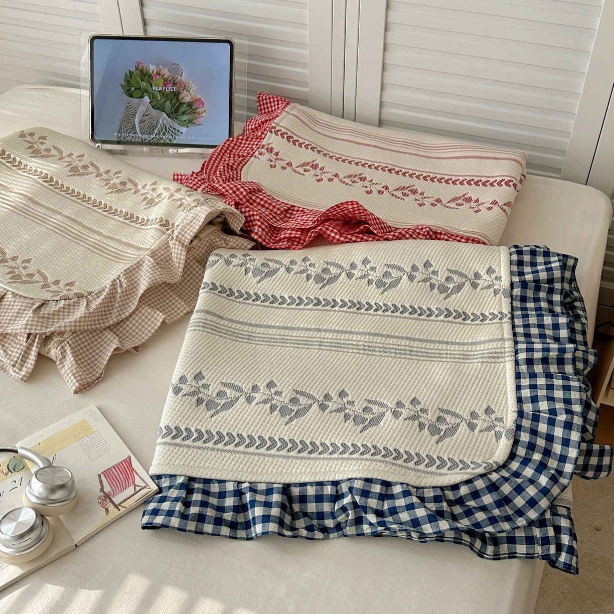 （总）桃子家居 2026新款A类韩版全棉色织花边工艺提花PE凉感凉席席子凉席三件套系列