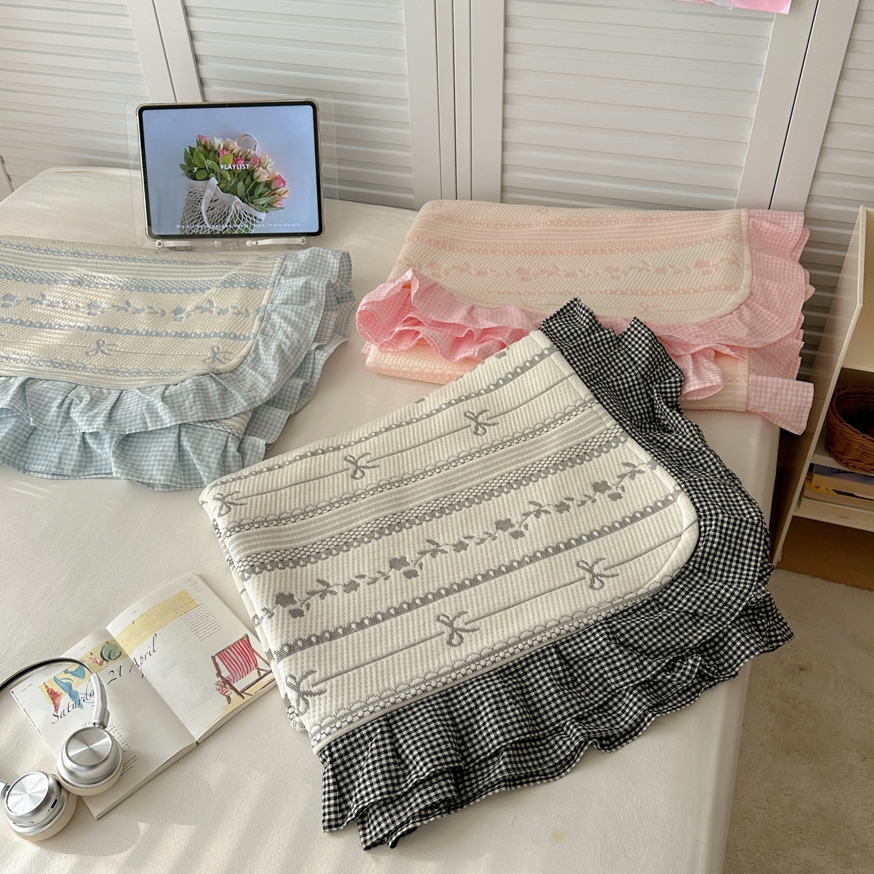 91家纺网 家纺一手货源 找家纺 （总）桃子家居 2026新款A类韩版全棉色织花边工艺提花PE凉感凉席席子凉席三件套系列