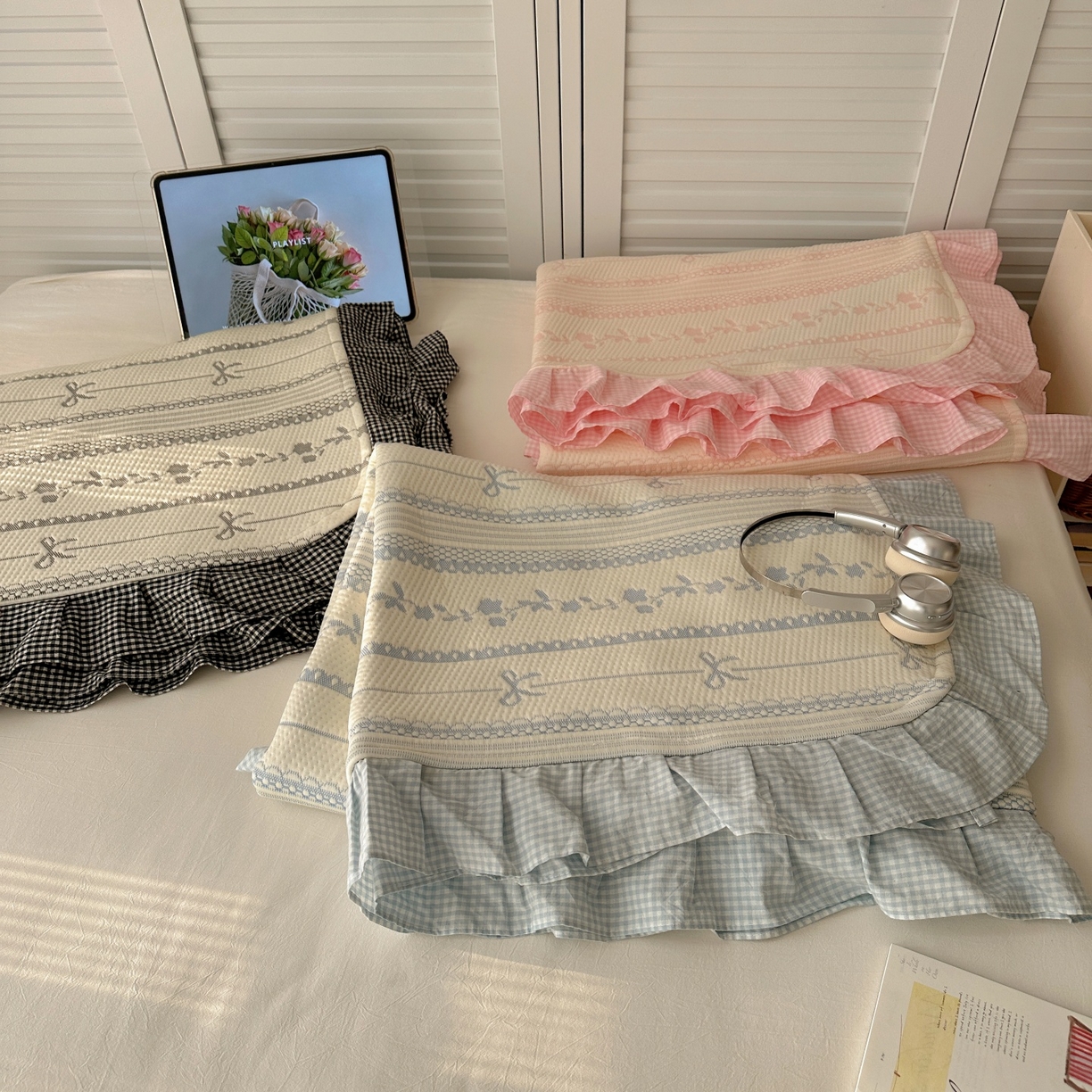 91家纺网 家纺一手货源 找家纺 （总）桃子家居 2026新款A类韩版全棉色织花边工艺提花PE凉感凉席席子凉席三件套系列