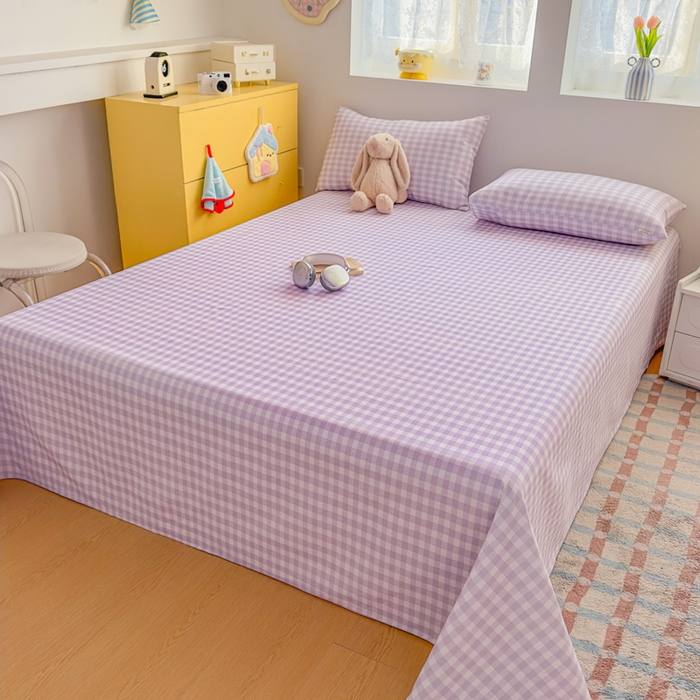 91家纺网 家纺一手货源 找家纺 爱彼家纺 2026新款热卖系列老粗布床单床单三件套凉席 格子紫